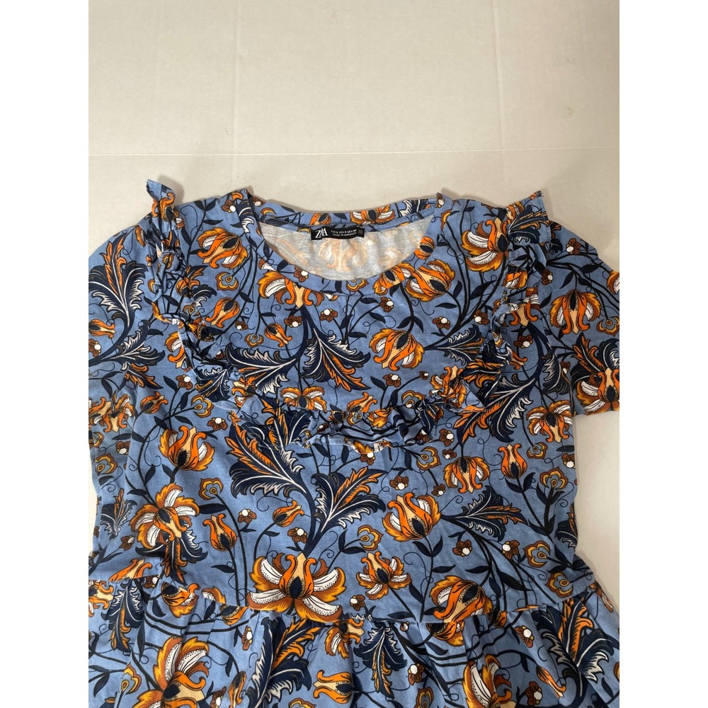 Zara Boho Floral Ruffle Peplum Top Short Sleeve Cotton Blouse Small - Picture 5 of 7
